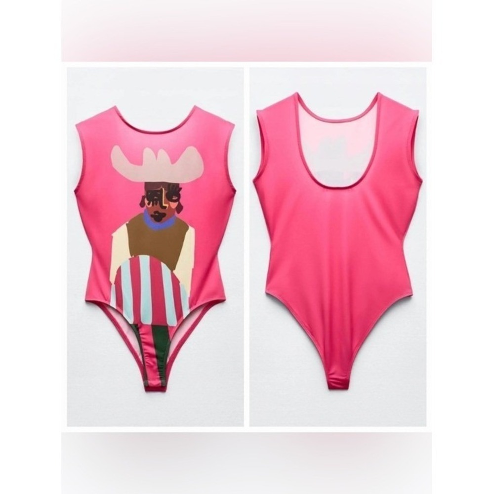Zara x Justine Franco Pink Graphic Art Cowboy Bodysuit Medium NEW